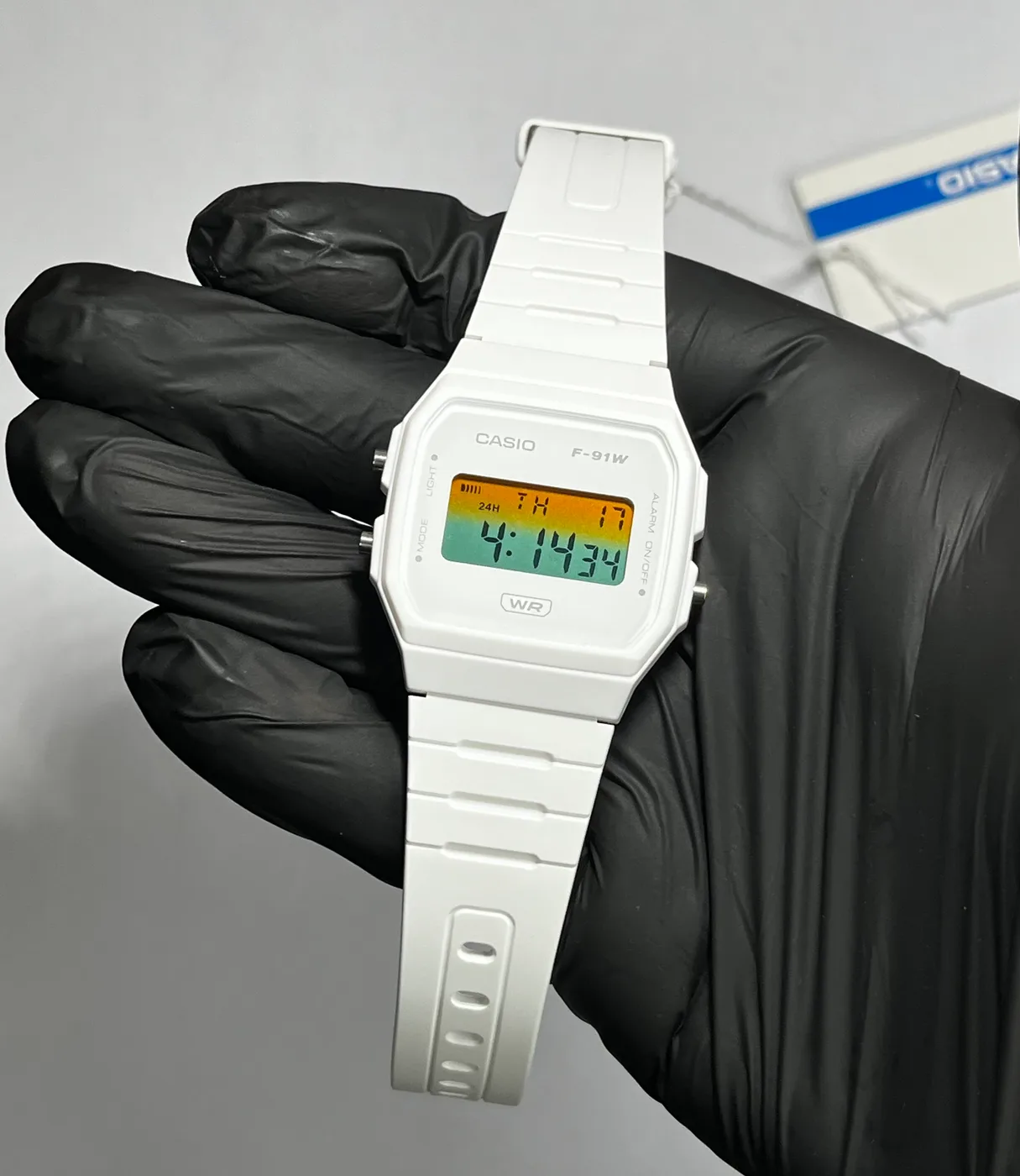 Casio F91WB Blanco · Degradado Verde Naranja · Degradado